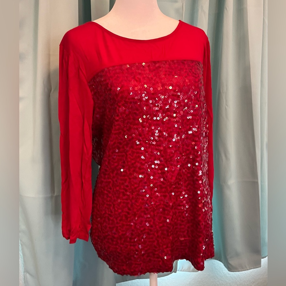 CALVIN KLEIN Blouse, Red Sequin Panel Top, Sz Large